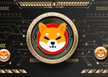 A digital illustration features a central emblem with a Shiba Inu dog face, representing the top cryptocurrency Shiba Inu. The background is black with gold circuit patterns, and two smaller similar emblems are positioned on the left and right sides. | COYYN
