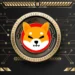 A digital illustration features a central emblem with a Shiba Inu dog face, representing the top cryptocurrency Shiba Inu. The background is black with gold circuit patterns, and two smaller similar emblems are positioned on the left and right sides. | COYYN