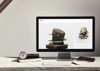 A computer monitor on a desk displays a Squarespace website featuring a beige felt hat with a ribbon and pin. The desk also holds a keyboard, mouse, and notebooks, while the background shows a minimalistic, light-colored wall and a staircase railing. | COYYN