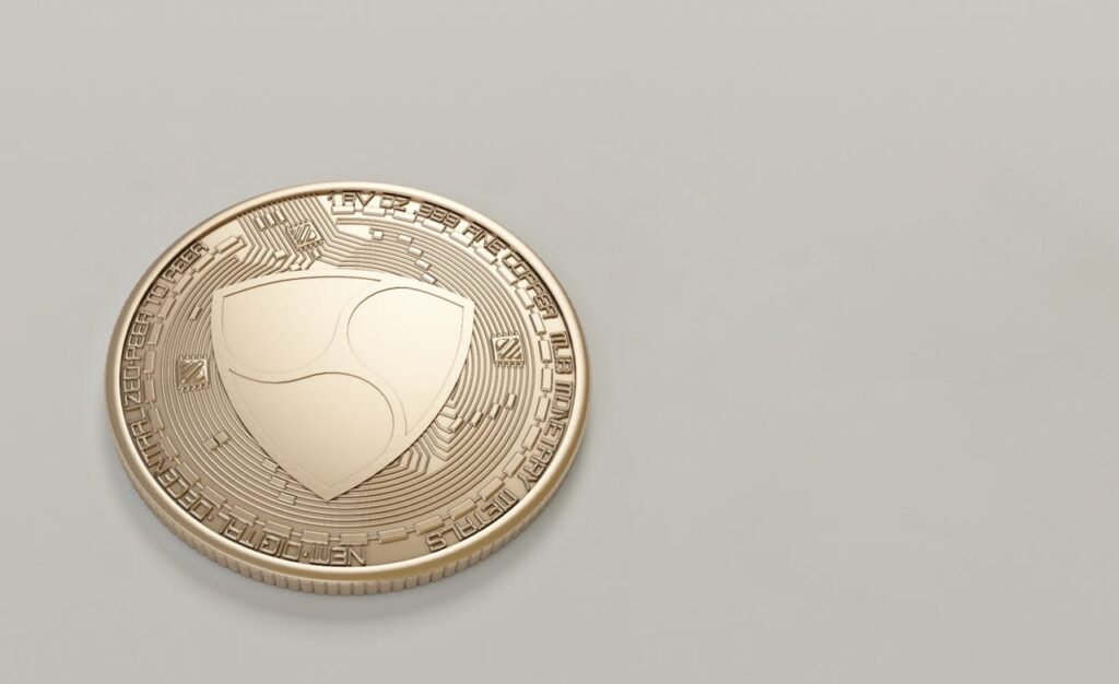 A gold-colored cryptocurrency coin with a shield emblem and digital circuit design on a light gray background. | COYYN