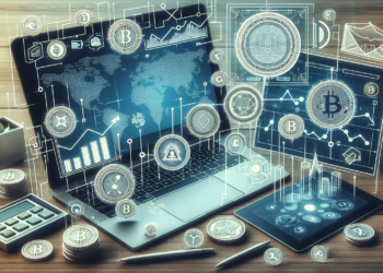A laptop on a wooden desk displays various cryptocurrency and financial graphs, with holographic icons of Bitcoin, Ethereum, and other digital currencies surrounding it. Nearby are a calculator, a tablet showing more data on digital capital, a pen, and a small plant. | COYYN