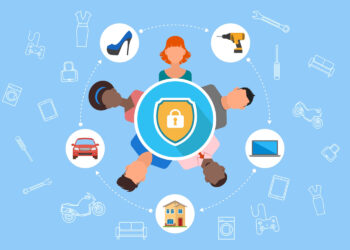 Illustration of four people sitting around a shield with a lock symbol in the center, representing security. Surrounding them are icons of various items like a car, laptop, drill, house, scooter, and clothes—showcasing different aspects of life in the sharing economy. | COYYN