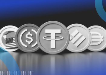 A grayscale image features five cryptocurrency coins, including stablecoins, with symbols representing various currencies. The coins are in a row with a dark gradient background and blue graphical elements on the sides, including circles and dotted patterns. | COYYN