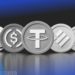 A grayscale image features five cryptocurrency coins, including stablecoins, with symbols representing various currencies. The coins are in a row with a dark gradient background and blue graphical elements on the sides, including circles and dotted patterns. | COYYN