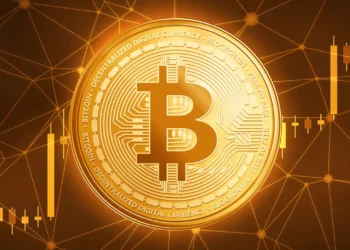 A glowing gold Bitcoin symbol is centered prominently against a background of interconnected lines and blockchain network imagery. Surrounding it are partial bar charts and financial graphs, emphasizing a digital trading and crypto theme. | COYYN