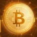 A glowing gold Bitcoin symbol is centered prominently against a background of interconnected lines and blockchain network imagery. Surrounding it are partial bar charts and financial graphs, emphasizing a digital trading and crypto theme. | COYYN