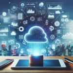 A glowing cloud icon emerges from a tablet on a desk against a cityscape backdrop at dusk. Various digital icons and graphs surround the cloud, symbolizing cloud computing and the data economy. A notebook and pen lie beside the tablet, hinting at ideas waiting to be explored. | COYYN