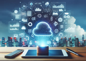 A glowing cloud icon emerges from a tablet on a desk against a cityscape backdrop at dusk. Various digital icons and graphs surround the cloud, symbolizing cloud computing and the data economy. A notebook and pen lie beside the tablet, hinting at ideas waiting to be explored. | COYYN