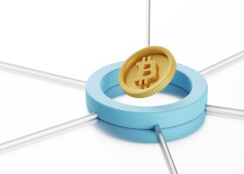 A golden Bitcoin symbol coin is placed inside a light blue circular ring, which is connected to silver rods extending outward against a white background. The image represents digital currencies and blockchain network concepts. | COYYN