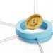 A golden Bitcoin symbol coin is placed inside a light blue circular ring, which is connected to silver rods extending outward against a white background. The image represents digital currencies and blockchain network concepts. | COYYN