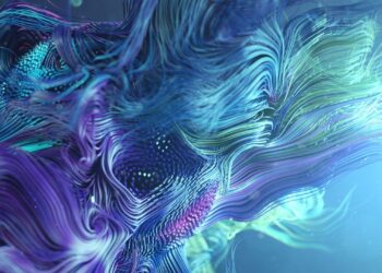 Abstract digital art with vibrant, flowing threads and particles in shades of blue, purple, and green. The image has an ethereal and dynamic appearance, resembling fluid motion or swirling energy. Digital Capital is highlighted by a bright light source in the bottom-right corner. | COYYN