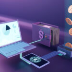 A digital illustration depicts a cryptocurrency transaction. A laptop with data charts on its screen, a tablet displaying a Bitcoin symbol, and a wallet with a dollar sign icon are connected via wires. Coins are being transferred from the wallet to a card reader. | COYYN