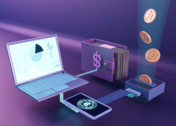 A digital illustration depicts a cryptocurrency transaction. A laptop with data charts on its screen, a tablet displaying a Bitcoin symbol, and a wallet with a dollar sign icon are connected via wires. Coins are being transferred from the wallet to a card reader. | COYYN