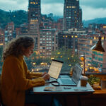 A woman with curly hair, wearing a yellow sweater, sits at a table in front of a large window, working on her laptop. Another open laptop and various items surround her as she navigates the Coyyn.com gig economy. The window overlooks a cityscape with tall buildings and a cloudy sky. | COYYN