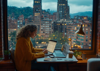 A woman with curly hair, wearing a yellow sweater, sits at a table in front of a large window, working on her laptop. Another open laptop and various items surround her as she navigates the Coyyn.com gig economy. The window overlooks a cityscape with tall buildings and a cloudy sky. | COYYN