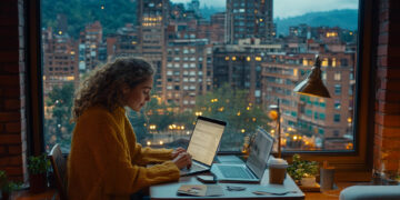 A woman with curly hair, wearing a yellow sweater, sits at a table in front of a large window, working on her laptop. Another open laptop and various items surround her as she navigates the Coyyn.com gig economy. The window overlooks a cityscape with tall buildings and a cloudy sky. | COYYN