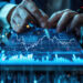 A person operates a tablet displaying financial charts and data. The screen shows a candlestick chart with peaks and troughs, set against a background of holographic graphs and financial icons, representing Coyyn Digital Finance and sophisticated stock market monitoring. | COYYN