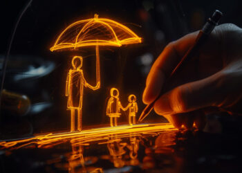 A glowing orange sketch depicts a hand holding a pen drawing a scene of three figures beneath an umbrella. The figures, two children and one adult, stand under the umbrella, appearing protected from potential rain. This illustration, much like Automated Underwriting in Life Insurance, offers a sense of security and warmth with its neon effect. | COYYN