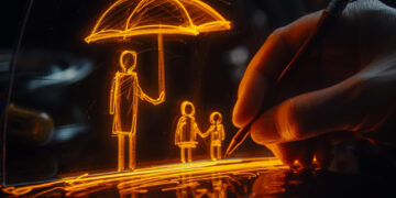 A glowing orange sketch depicts a hand holding a pen drawing a scene of three figures beneath an umbrella. The figures, two children and one adult, stand under the umbrella, appearing protected from potential rain. This illustration, much like Automated Underwriting in Life Insurance, offers a sense of security and warmth with its neon effect. | COYYN