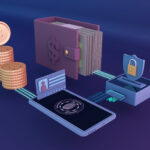 A digital illustration showing a smartphone connected to a biometric scanner, a stack of coins, a wallet with cash, and a secure slot with a lock symbol. The image represents secure digital transactions and cryptocurrency, embodying the cutting-edge solutions offered by Coyyn.com Crypto. | COYYN