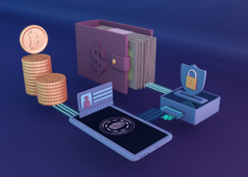 A digital illustration showing a smartphone connected to a biometric scanner, a stack of coins, a wallet with cash, and a secure slot with a lock symbol. The image represents secure digital transactions and cryptocurrency, embodying the cutting-edge solutions offered by Coyyn.com Crypto. | COYYN