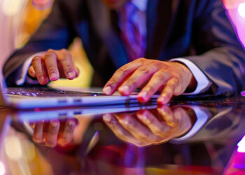 A person in a suit and tie is typing on a laptop with colorful, blurred lights in the background. The laptop and the person's hands are reflected on a glossy surface, creating a mirror-like effect, perfectly capturing the professional essence of Coyyn.com Business. | COYYN