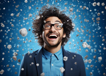A man with curly hair and glasses looks up joyfully, surrounded by floating bits of debris against a bright blue background. Wearing a blue coat over a light blue shirt, he seems to capture the whimsical essence of a freelancing bubble burst, adding energy to the vibrant scene. | COYYN