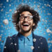 A man with curly hair and glasses looks up joyfully, surrounded by floating bits of debris against a bright blue background. Wearing a blue coat over a light blue shirt, he seems to capture the whimsical essence of a freelancing bubble burst, adding energy to the vibrant scene. | COYYN