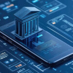 A smartphone displays financial graphs and data, symbolizing digital banking from coyyn.com. A 3D model of a classical bank building is projected above the phone, representing the integration of traditional banking with modern technology. Blue-toned futuristic interface elements surround the setup. | COYYN