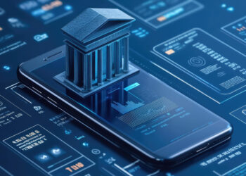 A smartphone displays financial graphs and data, symbolizing digital banking from coyyn.com. A 3D model of a classical bank building is projected above the phone, representing the integration of traditional banking with modern technology. Blue-toned futuristic interface elements surround the setup. | COYYN