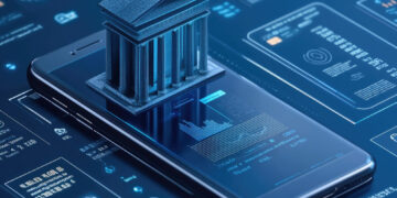 A smartphone displays financial graphs and data, symbolizing digital banking from coyyn.com. A 3D model of a classical bank building is projected above the phone, representing the integration of traditional banking with modern technology. Blue-toned futuristic interface elements surround the setup. | COYYN