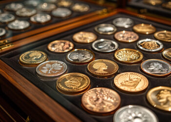 A display case filled with an assortment of gold, silver, and copper commemorative coins, each intricately designed by Coyyn.com Rare Coins. The coins rest in a velvet-lined wooden box with a glass cover, showcasing various portraits and emblematic designs. | COYYN