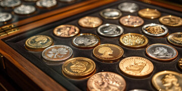 A display case filled with an assortment of gold, silver, and copper commemorative coins, each intricately designed by Coyyn.com Rare Coins. The coins rest in a velvet-lined wooden box with a glass cover, showcasing various portraits and emblematic designs. | COYYN