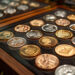 A display case filled with an assortment of gold, silver, and copper commemorative coins, each intricately designed by Coyyn.com Rare Coins. The coins rest in a velvet-lined wooden box with a glass cover, showcasing various portraits and emblematic designs. | COYYN