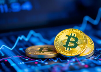 Three gold bitcoins rest on a digital screen displaying financial graphs and data in blue, hinting at cryptocurrency trading or market analysis—an intriguing landscape for freelancers exploring decentralized finance opportunities. | COYYN