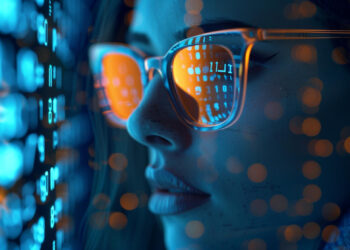 A person wearing glasses examines a digital screen displaying reflective code and numbers, immersed in a blue and orange glow. The futuristic scene hints at an AI-powered cyber security assessment, highlighting a tech-focused atmosphere. | COYYN