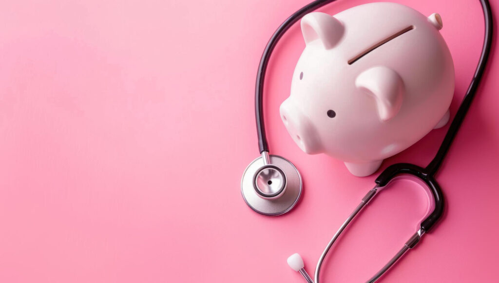 A white piggy bank sits on a pink background with a stethoscope draped around it, embodying financial wellness by symbolizing the concept of budgeting or saving for healthcare. | COYYN