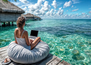 A woman sits on a bean bag on a wooden deck, working on her laptop. Embracing the gig economy lifestyle, she overlooks a crystal-clear turquoise ocean with overwater bungalows visible in the background under a partly cloudy blue sky. | COYYN