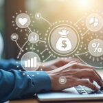 Amidst floating icons like a money bag, percentage sign, graphs, heart, and dollar symbol, a person types on their laptop. This scene captures Coyyn.com's innovation in financial services through cutting-edge data analytics and fintech advancements. | Coyyn.com Innovation in Financial Services