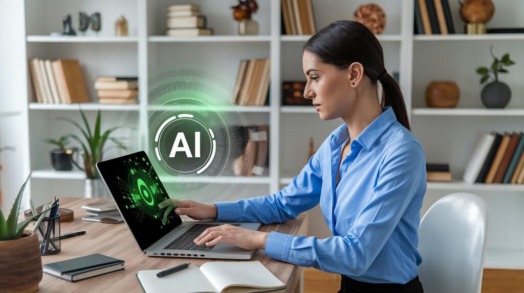 A woman in a blue shirt sits at a desk in a modern office, utilizing her laptop with a holographic "AI" symbol—a nod to the gig economy. Shelves of books and decorations frame the scene, while a notebook and pen lie ready for ideas on the desk. | COYYN