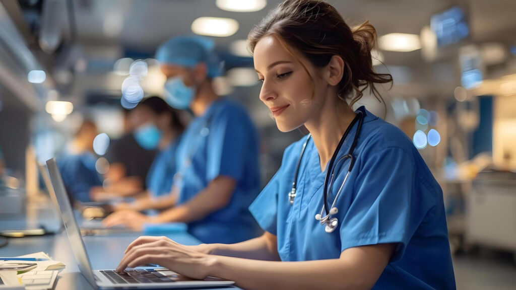 In a bustling hospital, a healthcare professional in blue scrubs and a stethoscope types on a laptop. Nearby, other medical staff, engaged in gig work in healthcare, focus on their tasks while wearing masks and caps. | COYYN