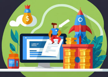 An illustration of a person sitting on a desk with a computer displaying "Level Up." Nearby are stacks of gold coins, a rocket, a money bag icon, and plants. The theme suggests financial growth and ambition. | COYYN.com Gig Economy Platforms