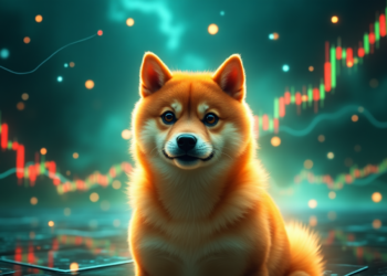 A Shiba Inu dog sits on a digital floor, its expression curious. The background features colorful, glowing stock market charts and graphs with an abstract, techno-futuristic ambiance. The scene subtly nods to Dogecoin, perfectly blending finance and technology themes. | COYYN