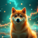 A Shiba Inu dog sits on a digital floor, its expression curious. The background features colorful, glowing stock market charts and graphs with an abstract, techno-futuristic ambiance. The scene subtly nods to Dogecoin, perfectly blending finance and technology themes. | COYYN