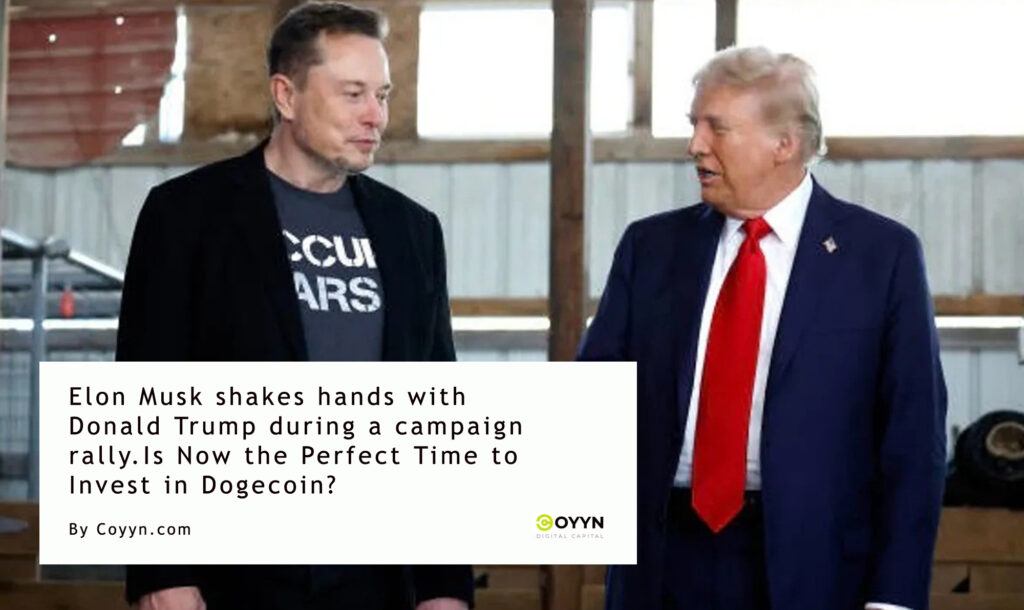 Elon Musk and Donald Trump, stand indoors conversing. A text overlay discusses a campaign rally and investing in Dogecoin, with the phrase "Elon Musk shakes hands with Donald Trump. | COYYN