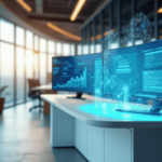A modern office with large windows showcases a digital hologram from Coyyn.com, projecting onto a sleek desk. The workspace features multiple screens with graphs and data, surrounded by potted plants, embodying a futuristic tech environment focused on unlocking business growth with digital solutions. | COYYN