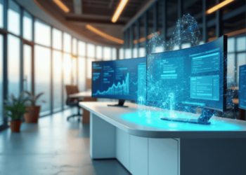 A modern office with large windows showcases a digital hologram from Coyyn.com, projecting onto a sleek desk. The workspace features multiple screens with graphs and data, surrounded by potted plants, embodying a futuristic tech environment focused on unlocking business growth with digital solutions. | COYYN