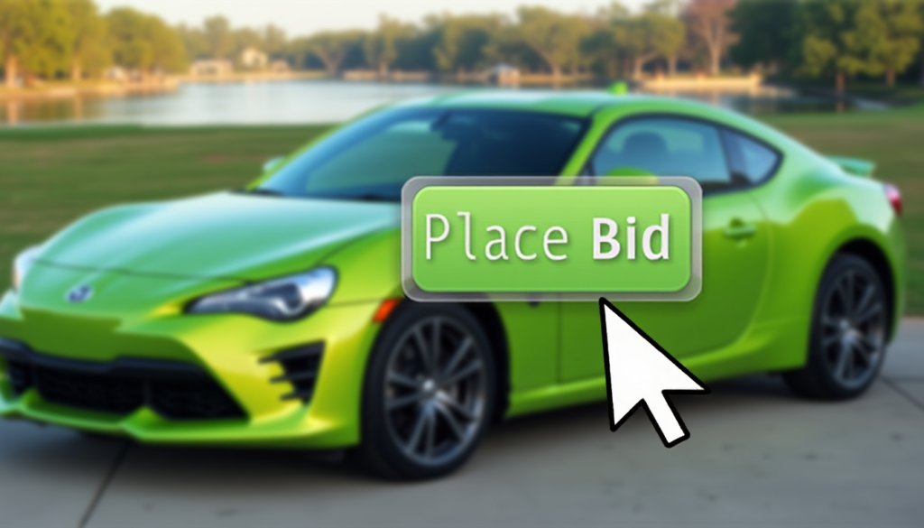 A vibrant green sports car is parked outdoors on a paved area, with blurred trees and a lake in the background. A large digital "Place Bid" button with a hand cursor is superimposed over the image, capturing the excitement of online auto auctions. | COYYN