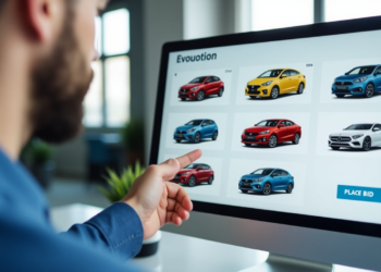 A person points at a computer screen displaying a grid of car photos. The screen showcases vibrant colored cars for online auto auctions, with options like 'Place Bid' clearly visible. The background is softly blurred, ensuring the focus remains on the screen content. | COYYN