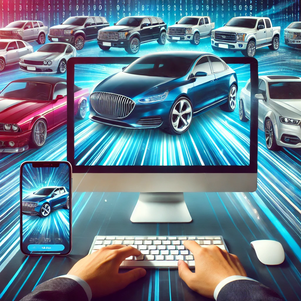 A person at a computer views a display of various cars on a monitor and smartphone. The cars appear to be racing forward on digital racetracks, surrounded by binary code, symbolizing fast-paced technology and digital innovation in the automotive industry. | COYYN